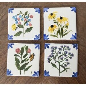 Hand Crafted Painted Art Ceramic Tiles Floral & Butterflies 4.25x4.25in Cottage